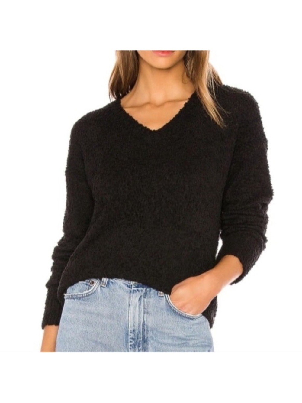 Sanctuary Bliss Black V Neck Teddy Soft Long Sleeve Sweater